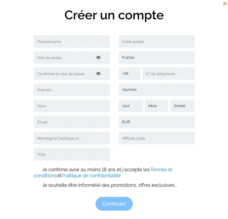 Proceso de registro NANO CASINO